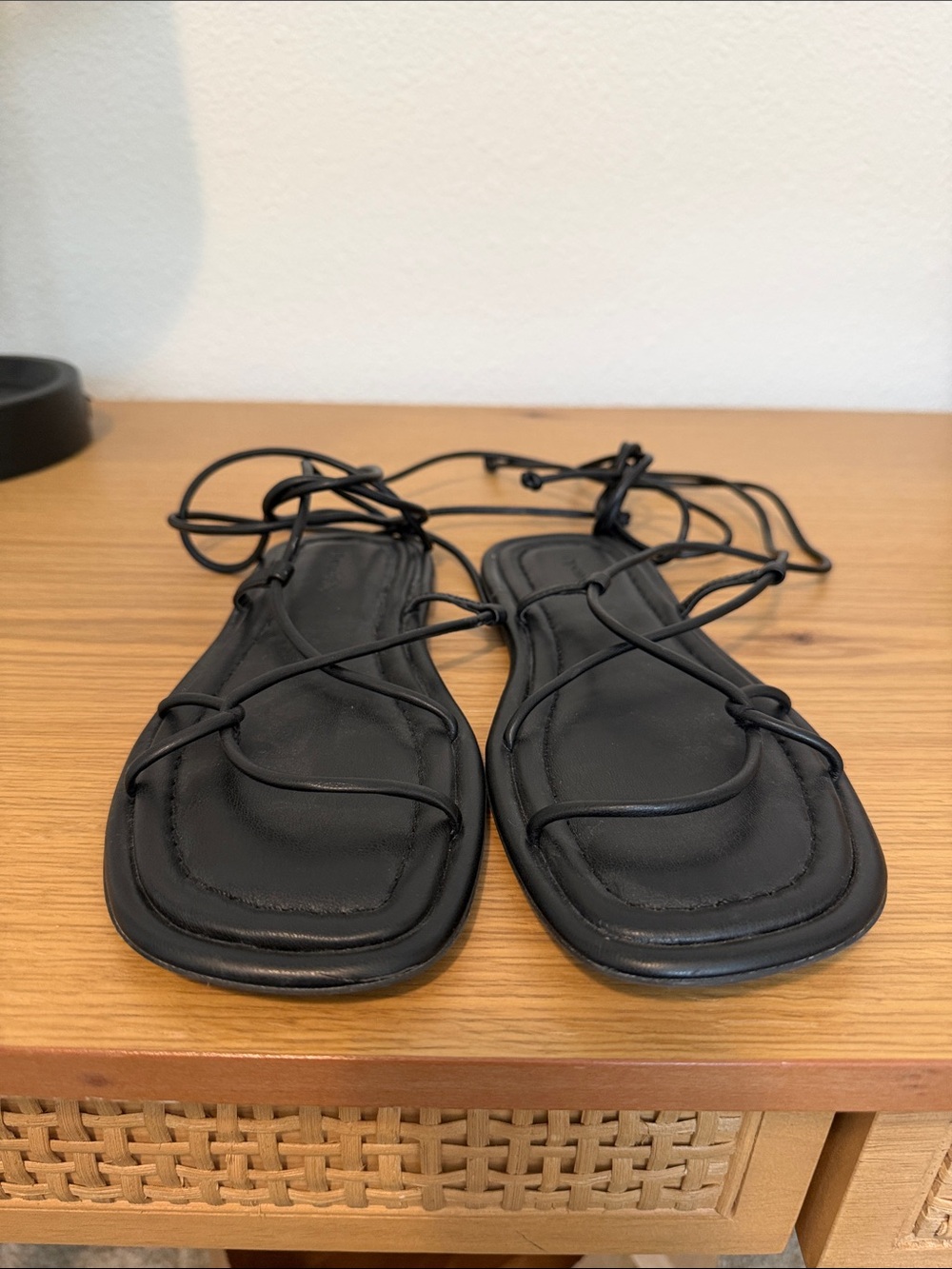 Strappy Lace-Up Flat Sandals in Black